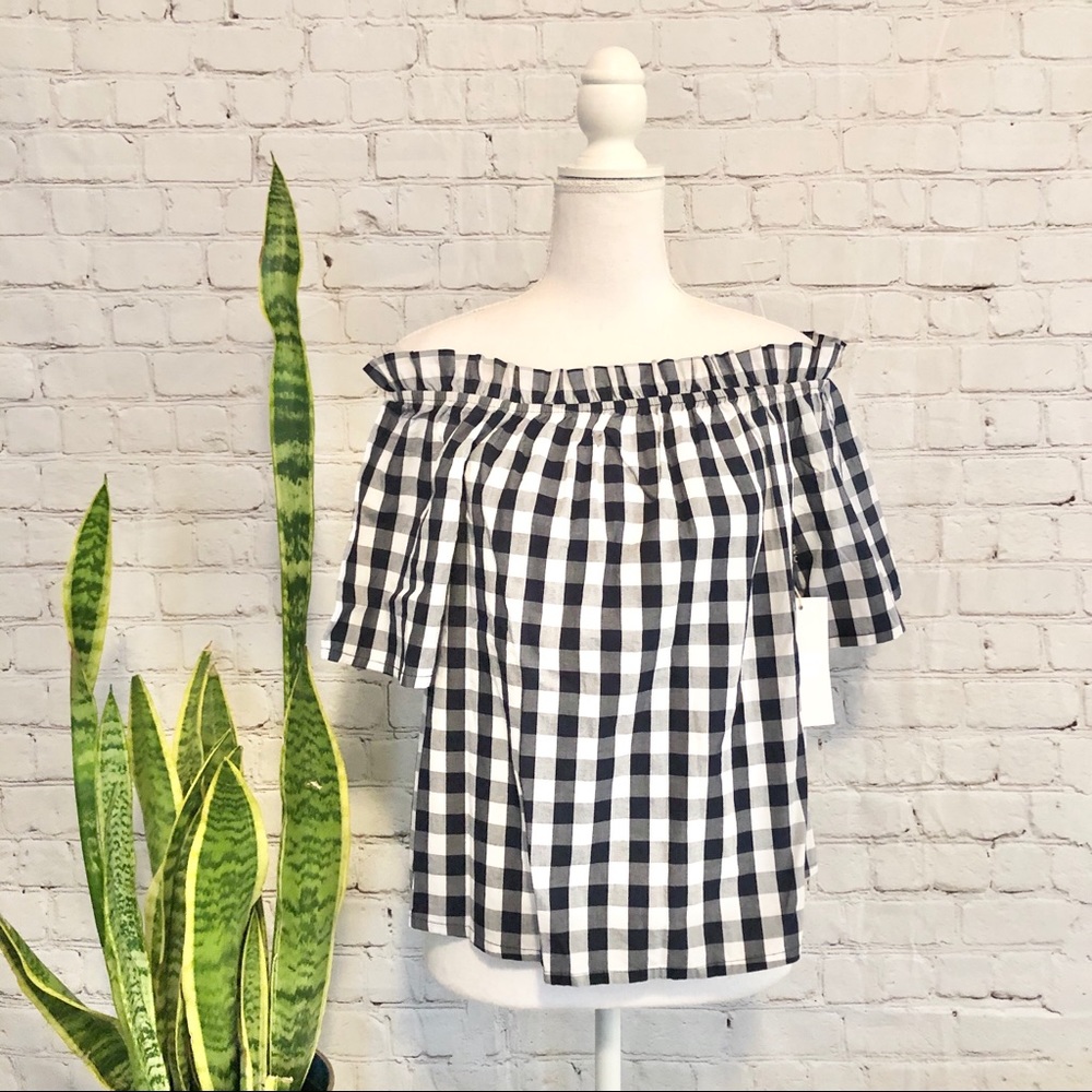 NWT Cavalini Off the Shoulder Cotton Gingham Top